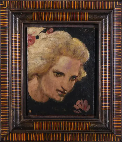 Erler, r.o. gesigneerd, "Portret van een energieke dame", olie op gemonteerd hout, 35 x 26 cm