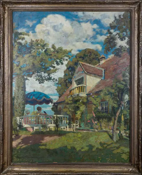 Friedrich Fehr, l.o. gesigneerd, gedateerd en gelokaliseerd Karlsruhe 1922, Werneck 1862 – 1927 Polling, "Zomertuin", olie op karton, 131 x 101 cm