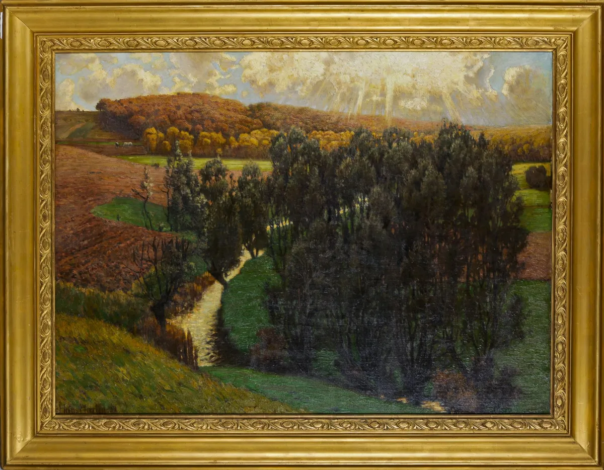 Hans Hartig，左下角签名，标注日期 (19)02，Karvin/Kreis Kolberg-Körlin 1873 – 1936 柏林，《河谷弯道景色》，布面油画，82 x 110 厘米