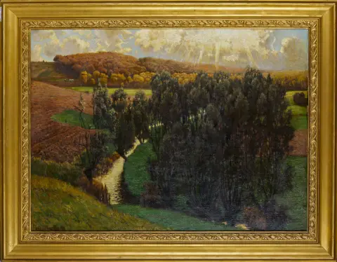 Hans Hartig, l.o. gesigneerd, gedateerd (19)02, Karvin/Kreis Kolberg-Körlin 1873 – 1936 Berlijn, "Blik in een vallei met rivierbocht", olie op doek, 82 x 110 cm
