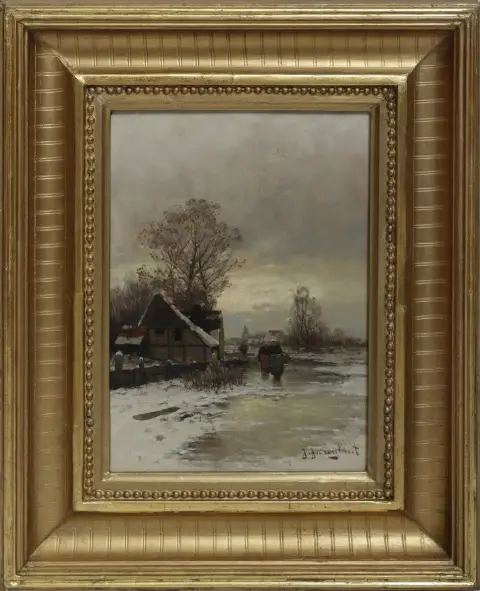 Johann Jungblut, signé en bas à droite, Saarburg 1860 – 1912 Düsseldorf, « Soir d'hiver », huile/bois, 31,5 x 23,5 cm (42260-17)