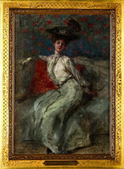 Albert von Keller, signé en bas à gauche, daté 1905, Gais 1844 – 1920 Munich, « Élégante dame sur le canapé avec coussin rouge », huile/bois, 36 x 25 cm