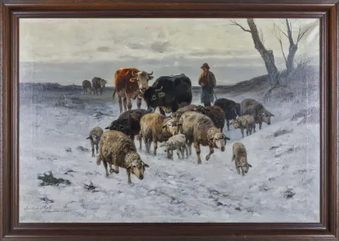 Christian Mali, signé en bas à gauche, lieu et date Munich 1899, Darthuizen 1832 – 1906 Munich, « Bouvier sur le chemin du retour hivernal », huile/toile, 76 x 110 cm