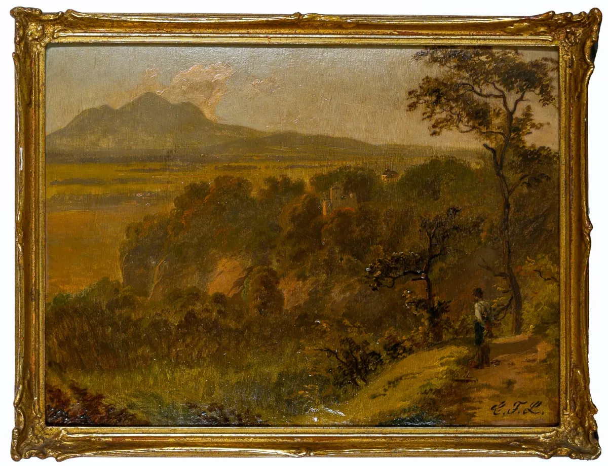 C.F.L. 字母组合签名画家，右下角签名，《园丁欣赏山谷景色》，布面油画，30 x 40 厘米