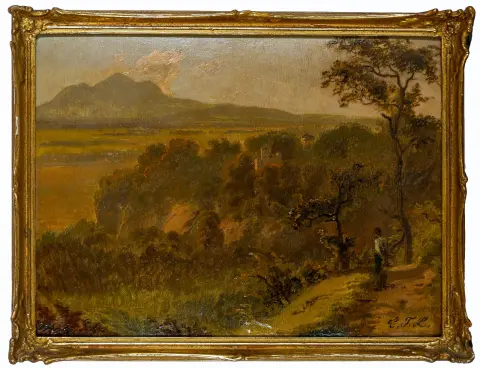 Monogrammiste C.F.L., signé en bas à droite, « Jardinier profitant de la vue sur la vallée », huile/carton, 30 x 40 cm
