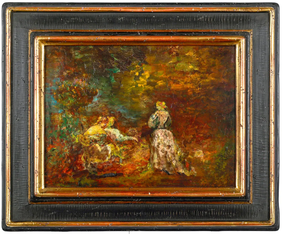 Adolphe Monticelli,右下角签名,马赛 1824 – 1886 年同地,《公园中的三位女士》,木板油画,26 x 35 厘米