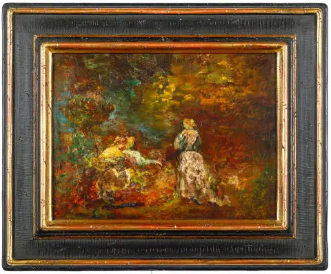 Adolphe Monticelli, signé en bas à droite, Marseille 1824 – 1886 ibid., « Trois dames dans le parc », huile/bois, 26 x 35 cm