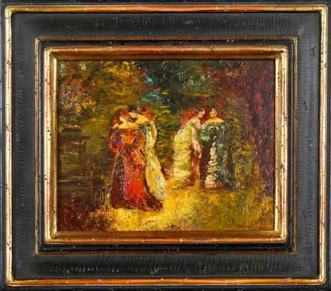Adolphe Monticelli, signé en bas à droite, Marseille 1824 – 1886 ibid., « Quatre dames dans le parc », huile sur bois, 22 x 30,5 cm