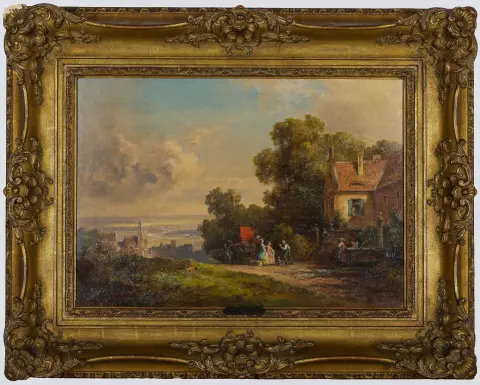 Willy Moralt, signé en bas à droite, localisé Munich, Munich 1884 – 1947 Lenggries, « Invités joyeusement accueillis avec vue sur la vallée », huile/bois, 38 x 55 cm