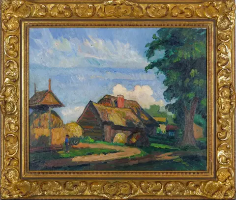 Jan Christian Poortenaar, signé en bas à droite, Amsterdam 1886 – 1958 Naarden, « Ferme avec grange », huile/toile, 40,5 x 50,5 cm