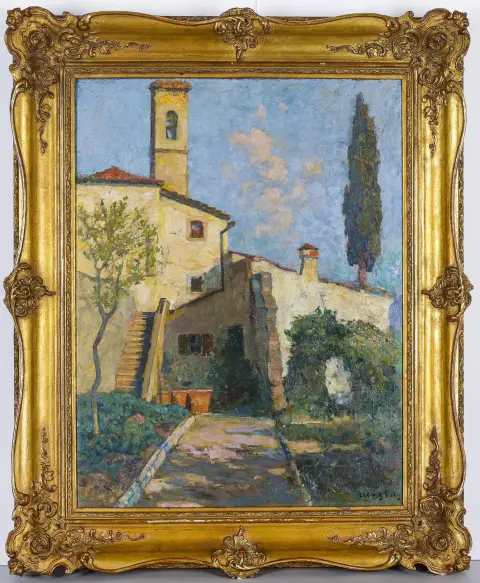 Ludwig Putz, signé en bas à droite, Vienne 1866 – 1947 Munich, « Domaine italien », huile/toile, 65 x 50 cm, doublé, restauré