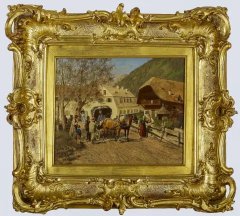 Franz Quaglio, rechtsonder gesigneerd, gedateerd 1890, München 1844 – 1920 Wasserburg, „Auf ein Wort mit dem Kutscher der feinen Gesellschaft”, olie/hout, 21 x 26,5 cm