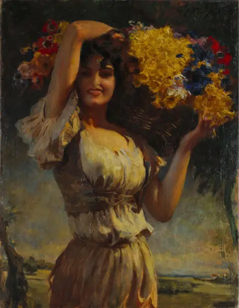 Leopold Schmutzler, rechtsboven gesigneerd, Mies 1864 – 1940 München, „Südländerin mit Blumenkorb”, olie/doek, 95 x 74 cm