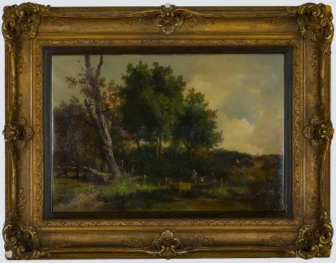 Dominik Schuhfried, gesigneerd linksonder, Wenen 1810 – 1877, "Kruidenverzamelaars aan de oever van de vijver", olieverf op doek, 37 x 57 cm, gedoubleerd, gerestaureerd
