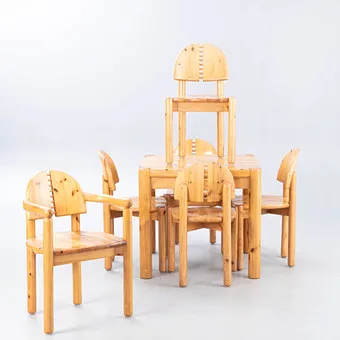 Rainer Daumiller 风格松木餐桌配六把椅子,20世纪下半叶(7件)