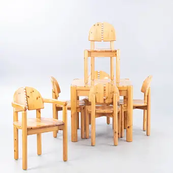 Mesa de comedor de pino con seis sillas al estilo de Rainer Daumiller, 2.ª mitad del siglo XX (7)