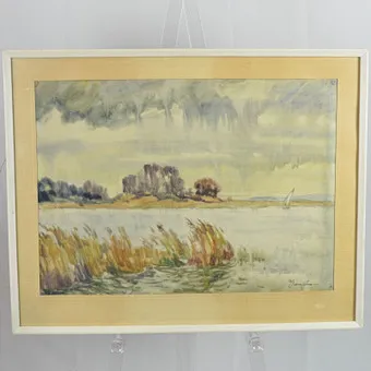 Lopukhin Alexander Efimovich（1897-1985）。带帆船的海景，水彩，20 世纪中叶，手签。