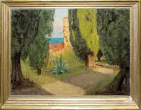 Curt Agthe, "I parken ved San Vigilio Gardasøen", oliemaleri omkring 1910/20, gammel ramme