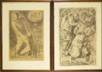 Ernst Barlach, "Kutsal Savaş", "Önce Zafer, Sonra Barış!", "Tahliye" ve "Bethlehem Steel Company", 1914/15 tarihli dört litografi, çerçeveli