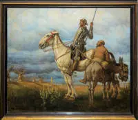 Carl Baum, Don Chisciotte e Sancho Panza scoprono su una pianura de La Mancia decine di mulini a vento, dipinto a olio nuova oggettività del 1928, nella cornice originale