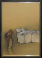 Bruno Bruni, yatak odasında çıplak kadın, 1974 tarihli suluboya çizim, çerçeveli
