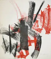 Peter Brüning, kırmızı ve siyah kompozisyon, imzalı renkli litografi, 1956