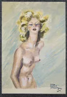 Jean Gabriel Domergue，金发蓬乱的年轻女子（pin-up）半裸像，水彩