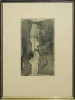 Ernst Fuchs, "Eva-Nymphe (Im Griff der Sphinx)", signert akvatintradering fra 1969, innrammet