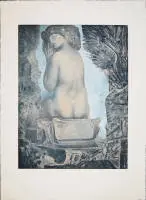 Ernst Fuchs, "Sagesituation", stor signert fargeakvatintradering, ett av 10 eksemplarer