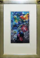 Ernst Fuchs, fargerik blomsterbukett i blå vase, signert fargeserigrafi i unik ramme