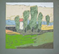 Klaus Fußmann，带房子的风景，2019年签名彩色油毡版画