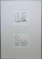 Peter Gayman, hønsekarikaturer, 2 akvareller og 2 tusjtegninger, innrammet