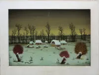 Josip Generalić，《Seoce zimi》——冬日小村庄，1975年玻璃背面绘画，原装白色木框