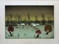 Josip Generalić, "Seoce zimi" - un piccolo villaggio d'inverno, pittura sotto vetro del 1975, in cornice originale in legno bianco