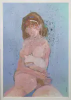 Hans Graeder, nudo femminile con gatto, rara tecnica mista degli anni 1960, con cornice