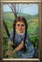 Herbert Grass, Ragazza con lunghe trecce, dipinto a olio del 1918, nella cornice originale
