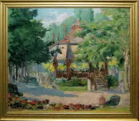 Louis Alexandre Martinage (Grozi), "Le pavillon à Bade" - il vecchio padiglione musicale di Baden-Baden, raro dipinto a olio intorno al 1900, incorniciato