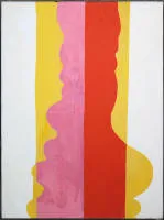 Fritz Harnest, Pink & Korallrot, hochsteil auf warmem Gelb , großes Ölgemälde um 1970
