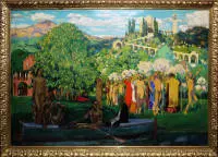Otto Hettner, "Fête printanière", tempera à l'œuf, œuvre majeure impressionniste de 1905, exposée à la Sécession berlinoise en 1906 et au Kunstsalon Emil Richter, Dresde, dans son cadre doré d'origine. Redécouverte d'une ancienne propriété privée badoise...