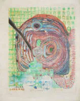 Friedensreich Hundertwasser，《Die Seereise I》，1967年彩色蚀刻版画/飞尘版画，另附3个四方连未盖销Hundertwasser邮票"Cabo Verde"带加印（1979/85）