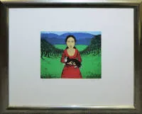 Johannes Hüppi，带狗的女子，2004年签名彩色蚀刻版画，带框