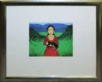 Johannes Hüppi, Köpekli Kadın, imzalı renkli gravür 2004, çerçeveli