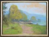 Franz Huth，湖边的人们，粉彩画，带框