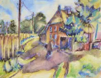 Franz M. Jansen, "Landsby med hjemvendende bonde", akvarel, signeret