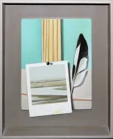 Klaus Langkafel，带羽毛和宝丽来照片的静物，照相写实主义油画，盒式画框