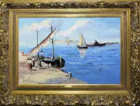 Georges Lapchine (Георгий Александрович Лапшин) attr. (attribuito), scena portuale mediterranea, dipinto a olio rappresentativo in ricca cornice in stucco