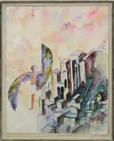路易·勒内·莫伊列，北非城市与太阳神拉，水彩画，带框