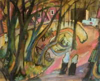 字母组合签名AR，公园景致，1947年表现主义油画