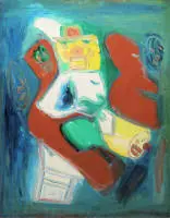 Pit Morell, "Clownerie/2 Rote Formen", dipinto acrilico firmato del 1996