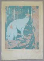 汉斯·诺伊曼，黄昏松林中的波索尔犬，1905年彩色木刻，签名